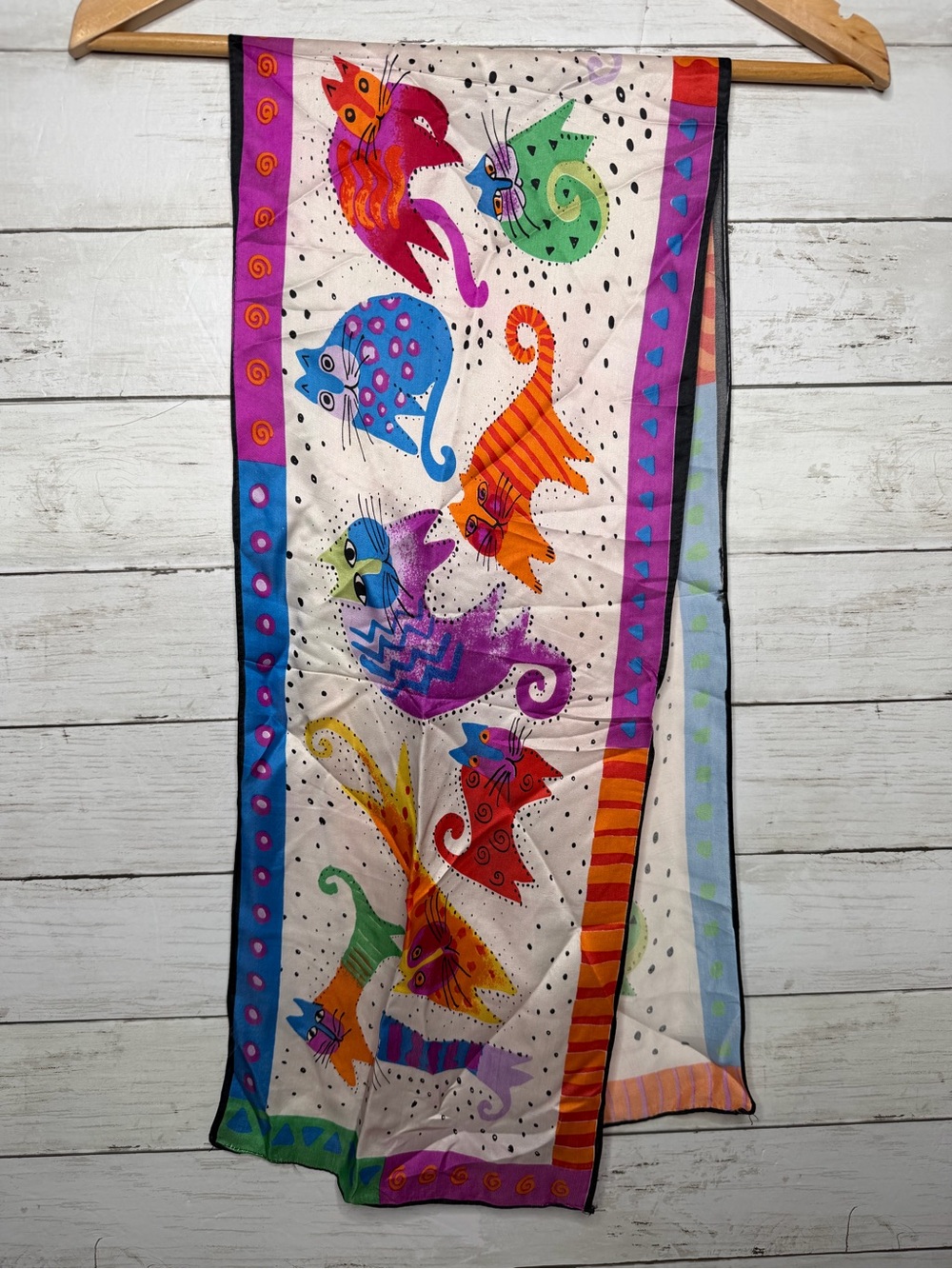 Vintage Silk Cat Scarf Colorful Whimsical Cats Oblong Rectangle Art Print